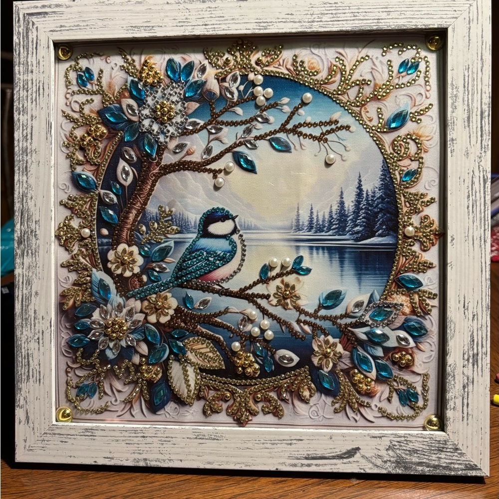 Rhinestone snow bird framed picture